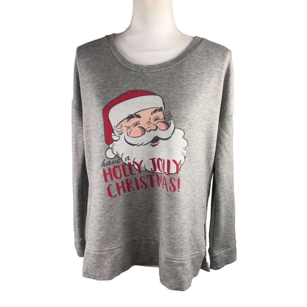 Holly Jolly Christmas Santa Sweatshirt Medium Gray Red Soft Cozy Festive